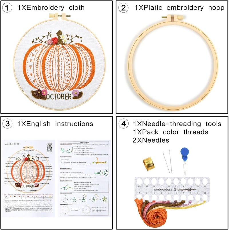 Crafmanoe Easy Beginners Embroidery Stitches Practice Kits for Adults, Fall Pumpkin Embroidery Starters Kits for Beginners to Learn 26 Stitches, Autumn Hand Embroidery Set Craft for Women & Video Tutorial - Image 2